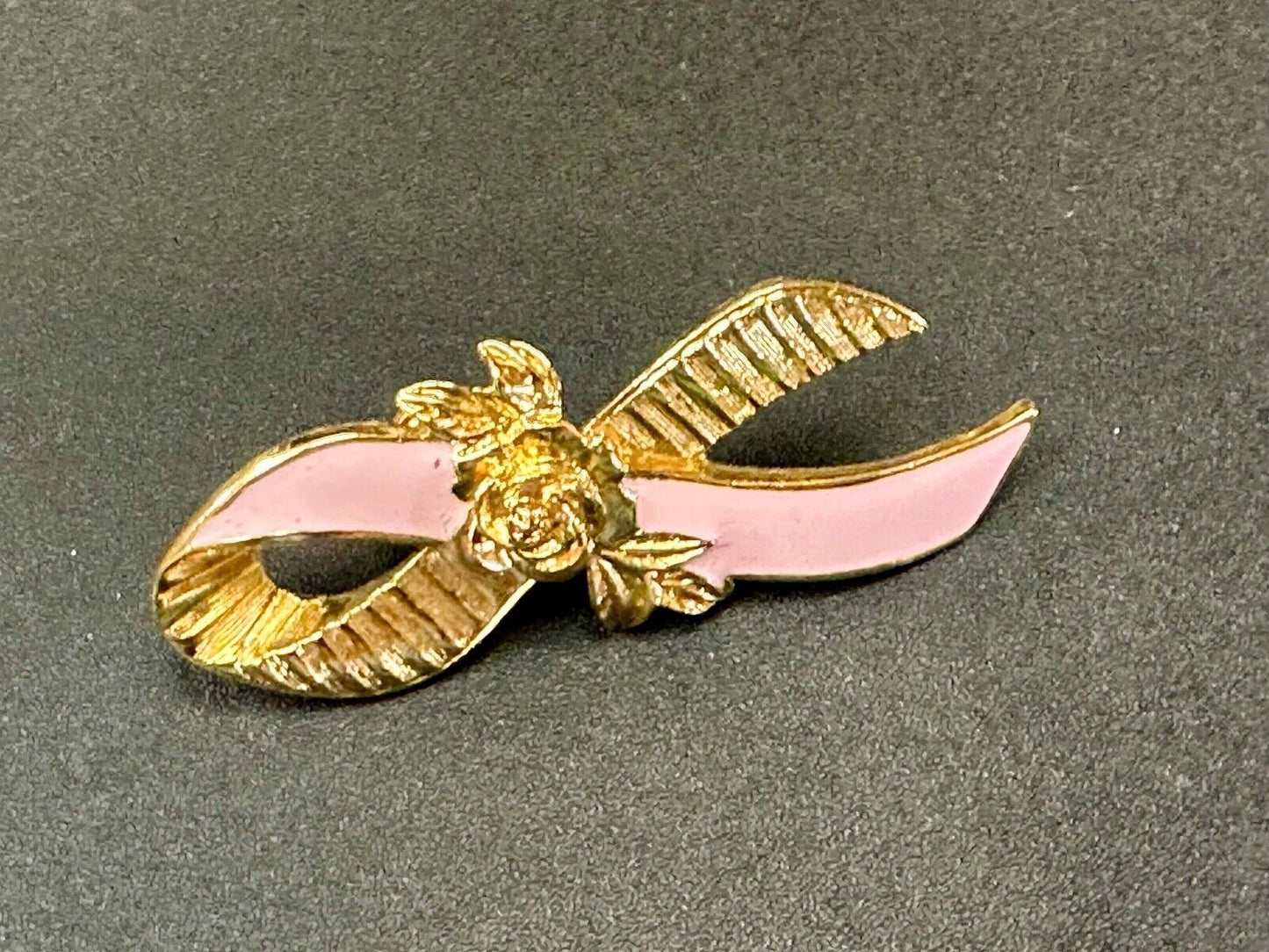 Avon Gold Tone Pink Enamel Ribbon Breast Cancer Awareness Brooch Pin 2"