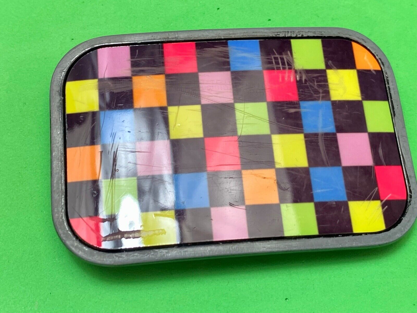 Vintage 80s Style Neon Checkerboard Pattern Black Yellow Pink Blue Belt Buckle