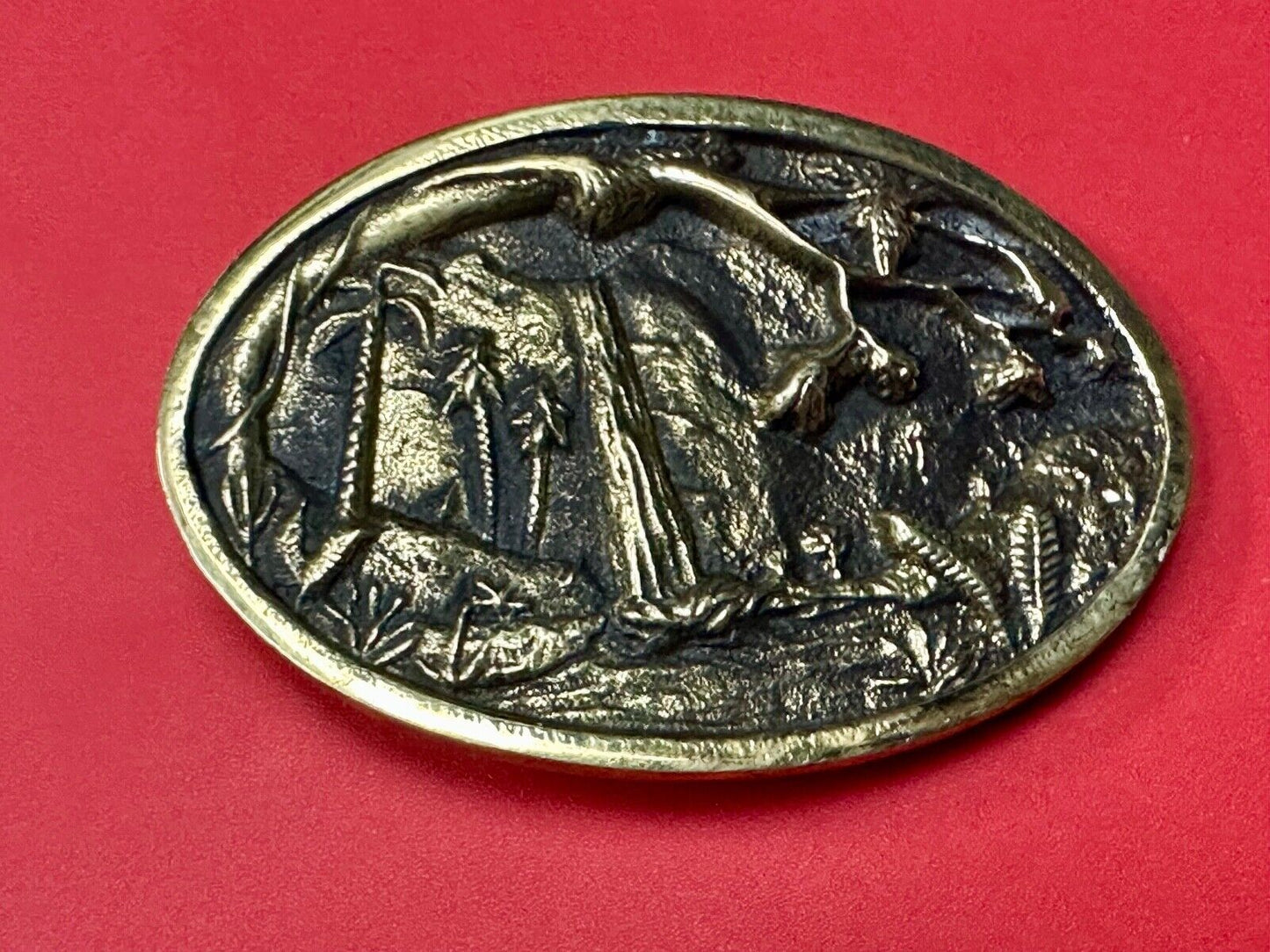 Beautiful water fall nature scene on Vintage BTS solid brass belt buckle
