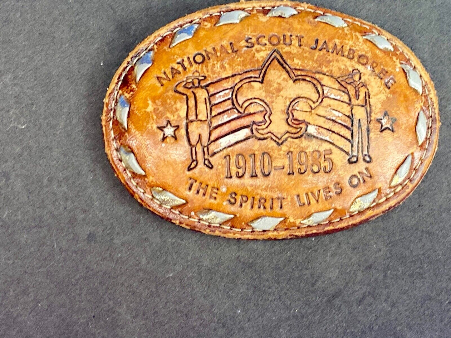 Vintage 1985 BSA National Scout Jamboree Boy Scouts leather belt buckle