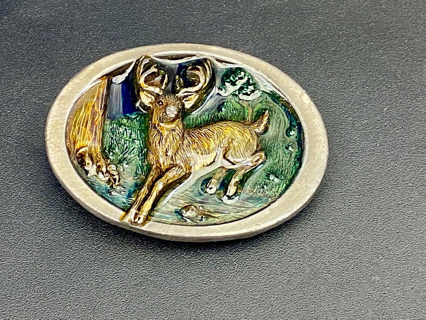 Vintage 1986 C+J Running Jumping Deer In Nature Belt Buckle