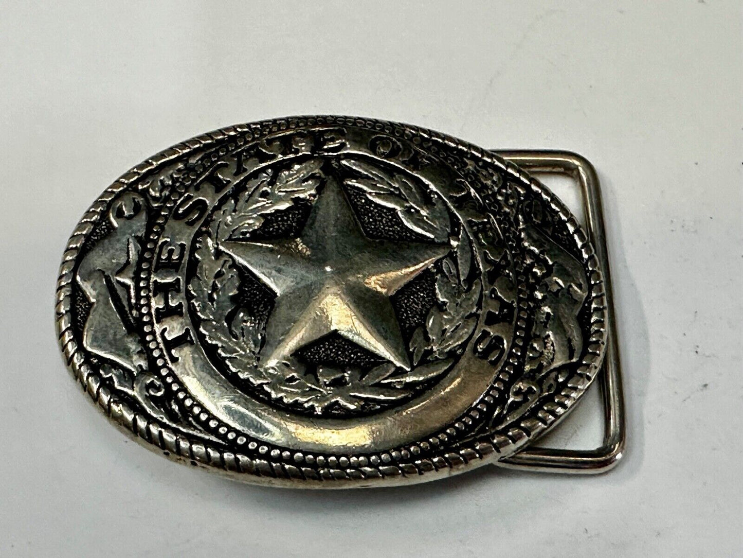 The Great State of Texas Star Flag Theme Vintage Silver tone western Belt Buckle