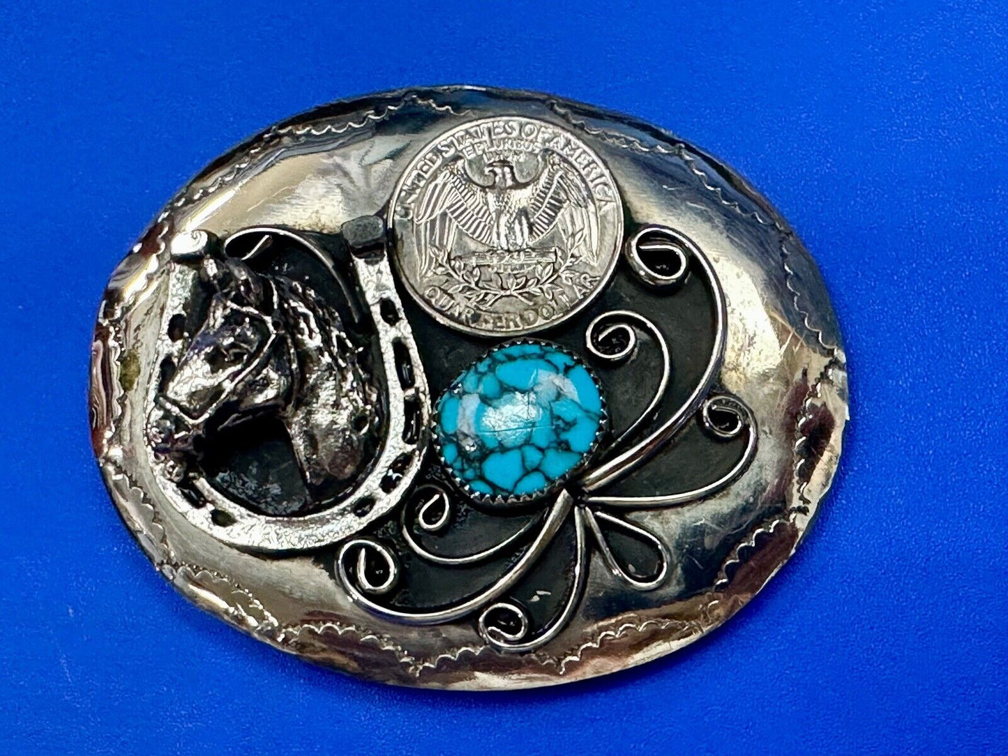Turquoise Stone Horse Head & Shoe, Quarter Coin Southwestern belt buckle