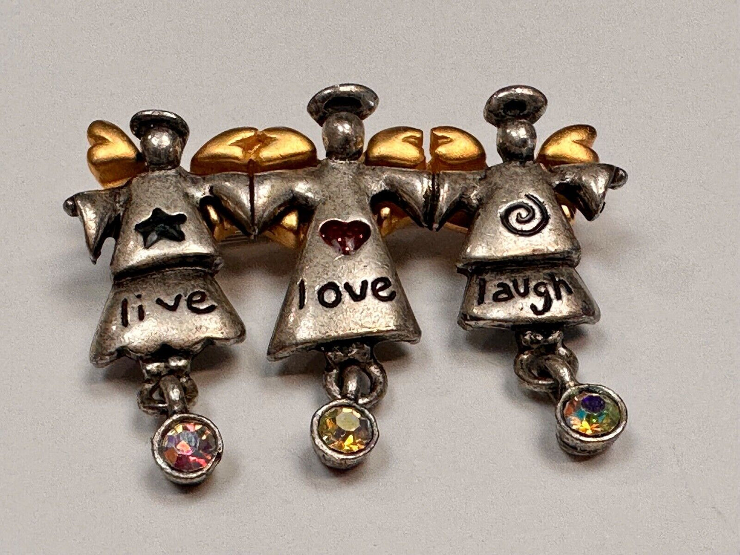 Three Angles - Live Love Laugh , Vintage Christmas Holliday Brooch by AJMC