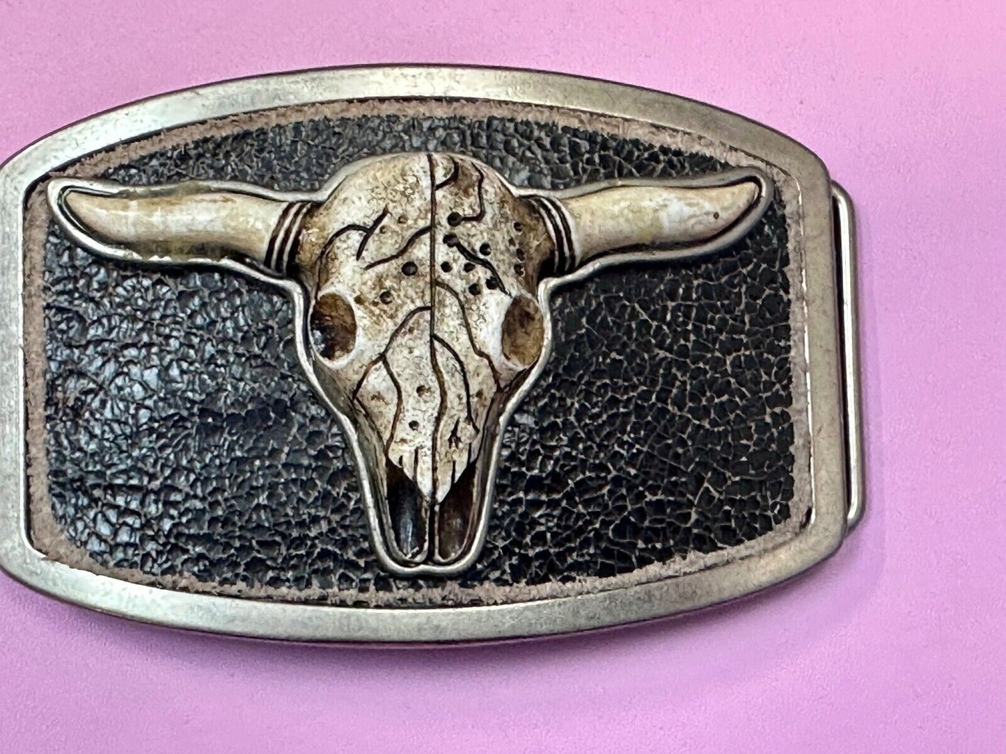 Texas Longhorn Silver tone Faux Leather backing Belt Buckle by Classico Itallio