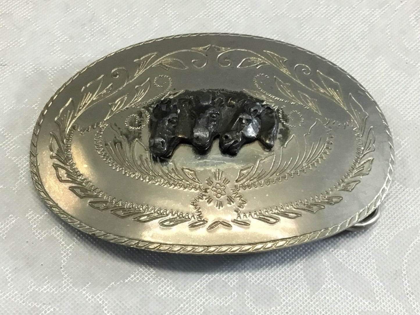 3-D Horse Heads Cowboy Western Belt Buckle Silver Tone
