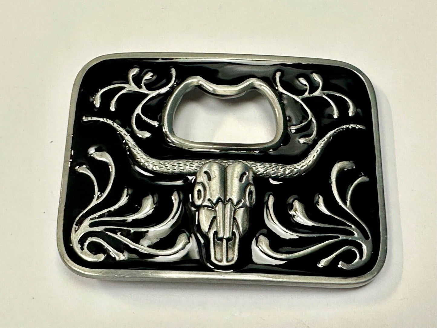 Texas longhorn - black and silver color belt buckle bottle opener