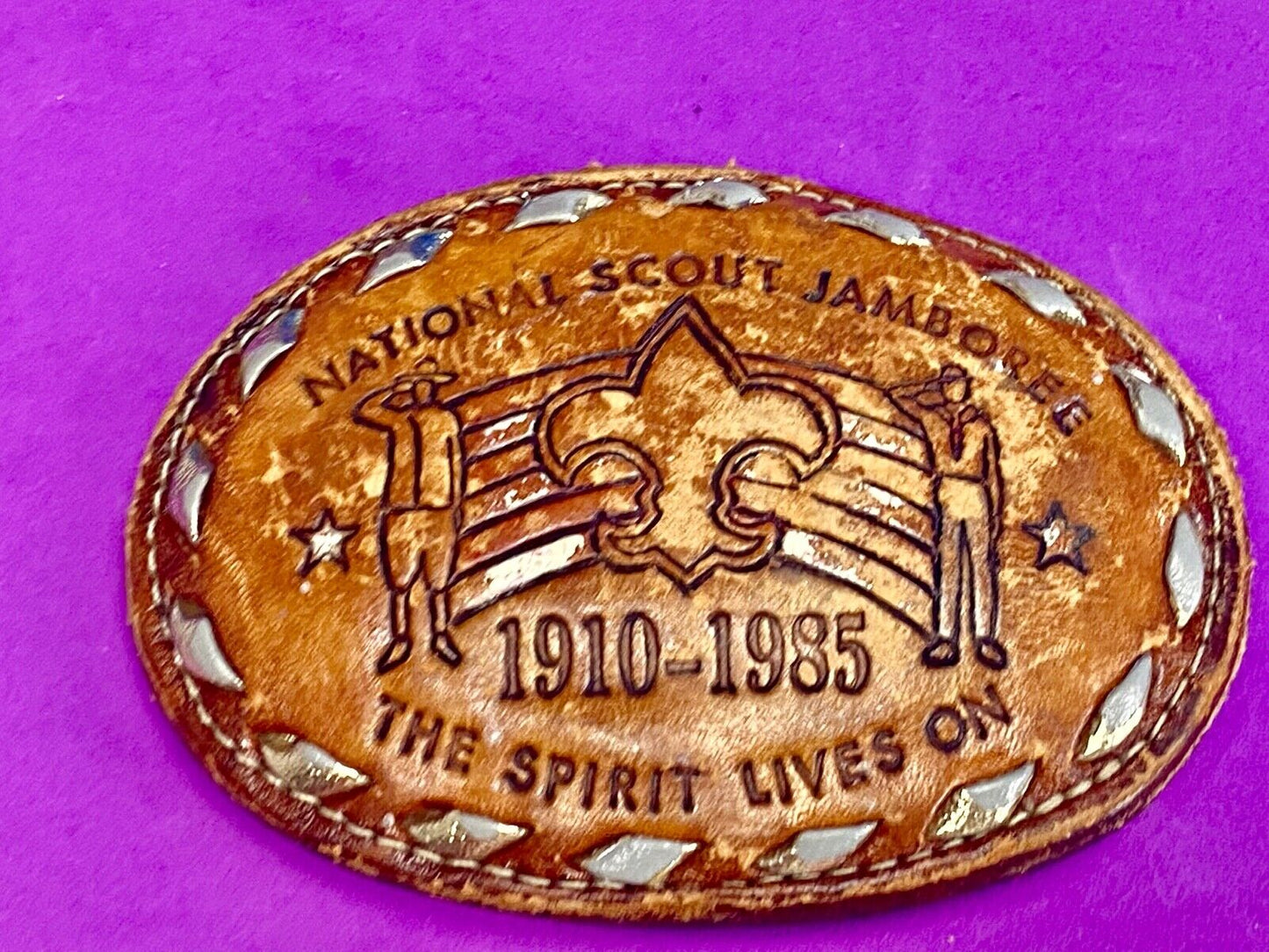Vintage 1985 BSA National Scout Jamboree Boy Scouts leather belt buckle