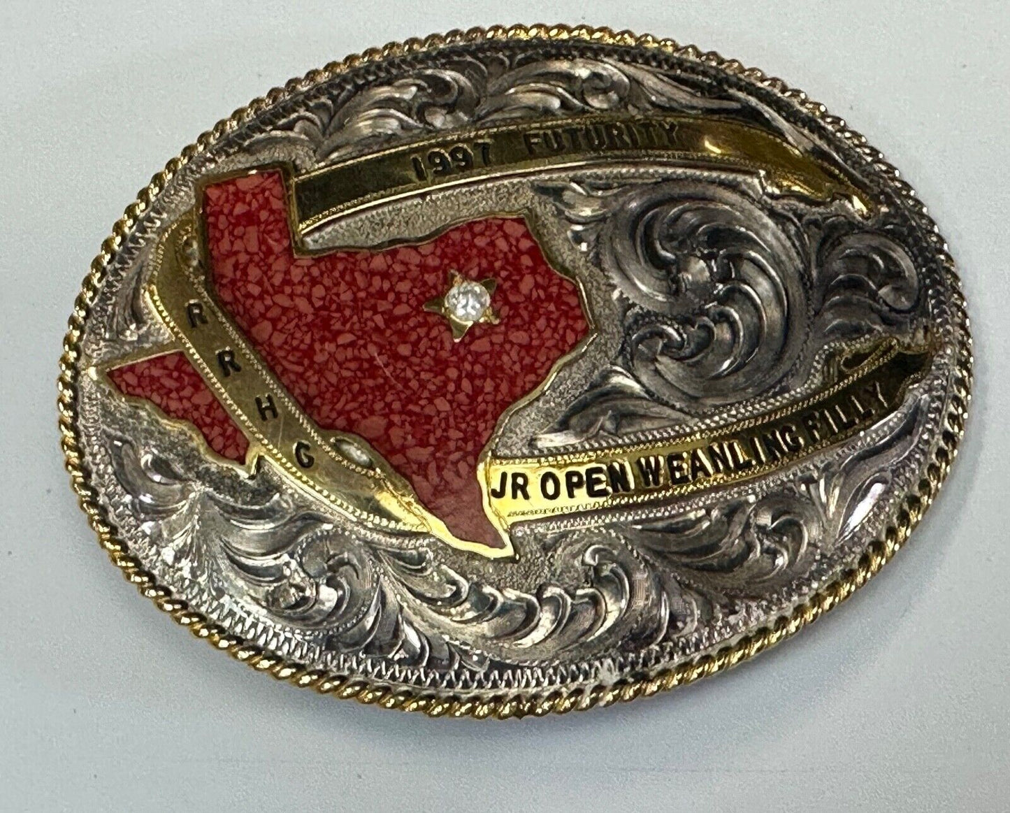 TEXAS Inlaid Coral Chip JR Open Weanling Filly 1997 Futurity Trophy belt buckle