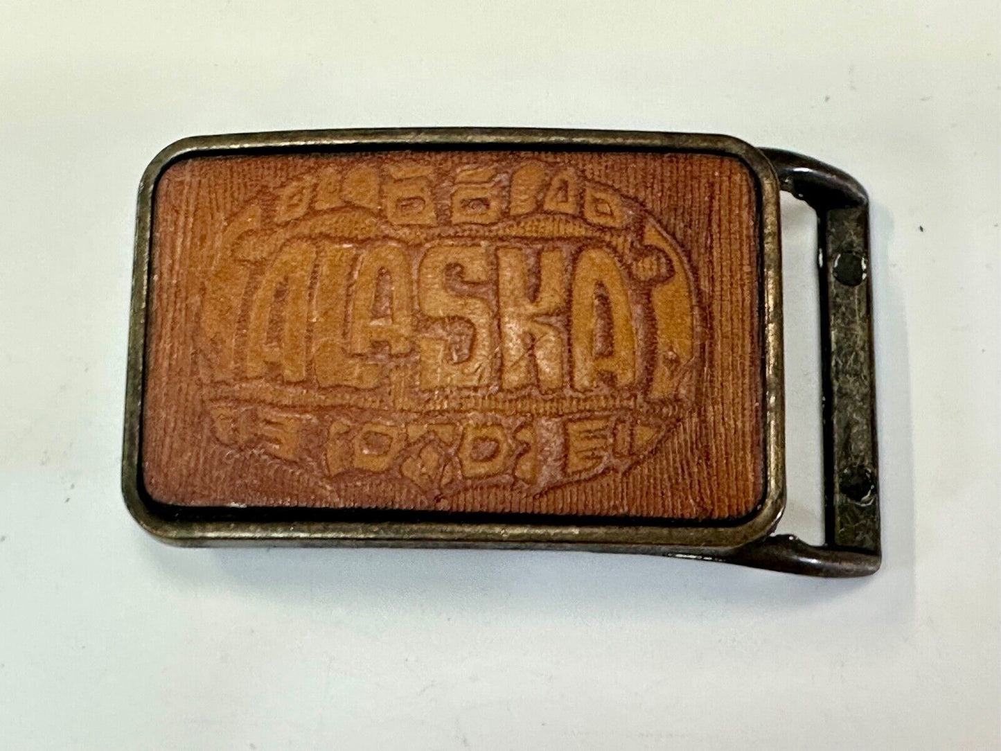 vintage Alaska Rodeo Faux? leather and brass western cowboy belt buckle