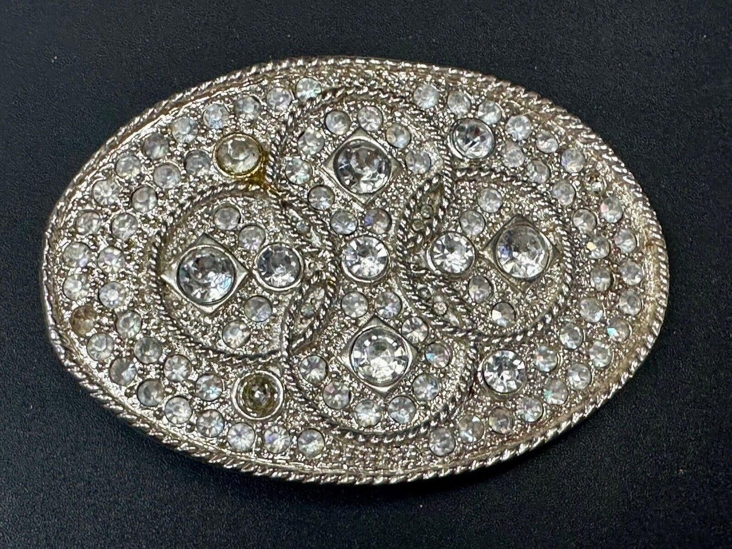 Vintage Appearance silver tone oval Belt Buckle - missing a few Rhinestone's