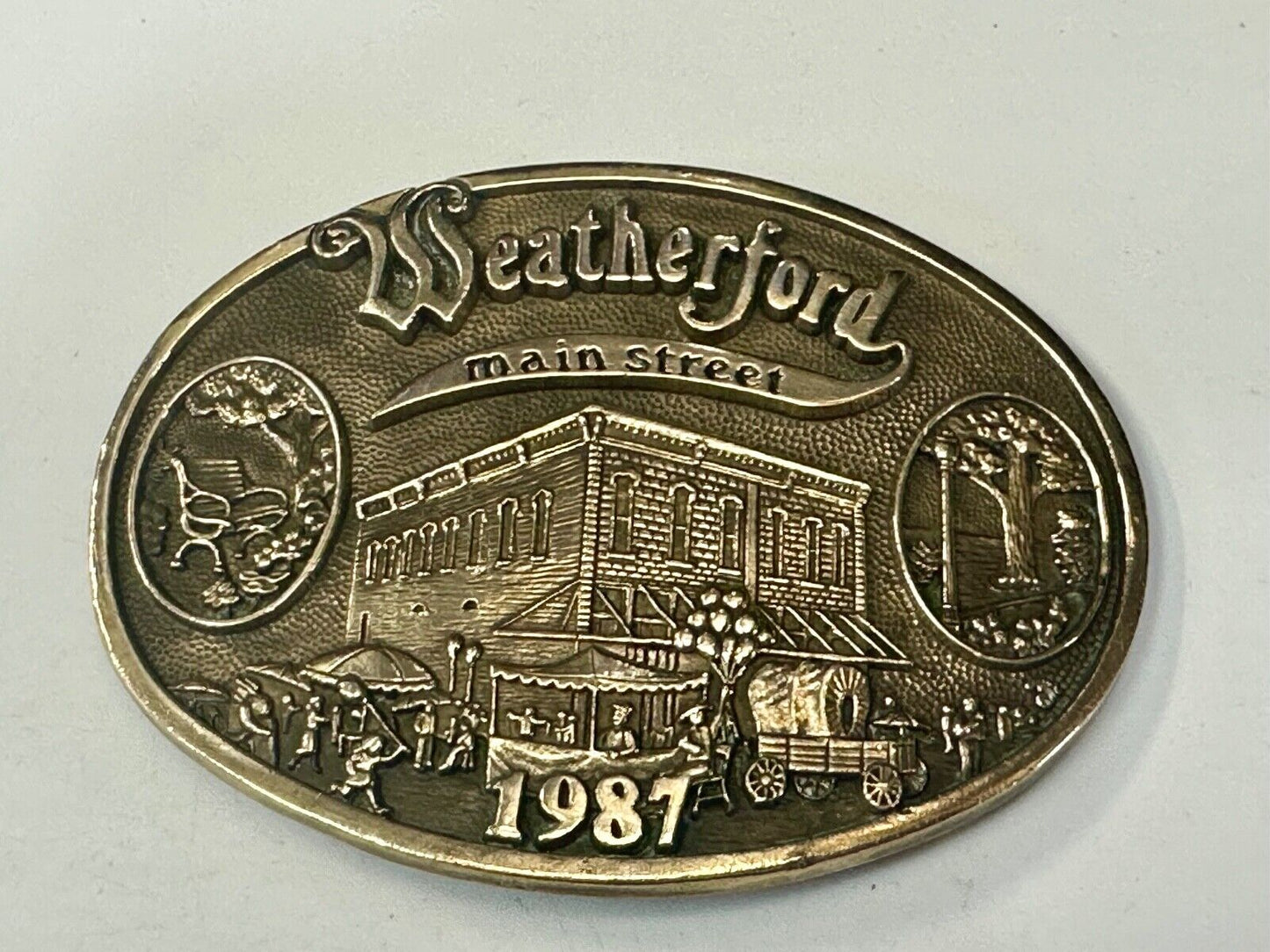 Texas Weatherford Main Street - vintage 1987 LIMITED ADM solid brass belt buckle