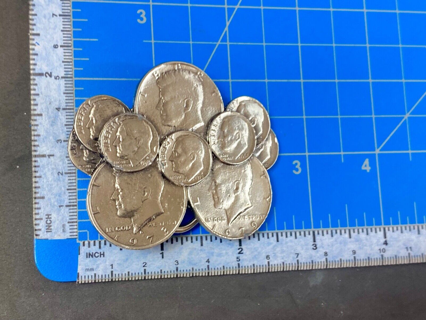 Vintage Coin Collectors Cluster figural 1979 Liberty JFK dimes belt buckle