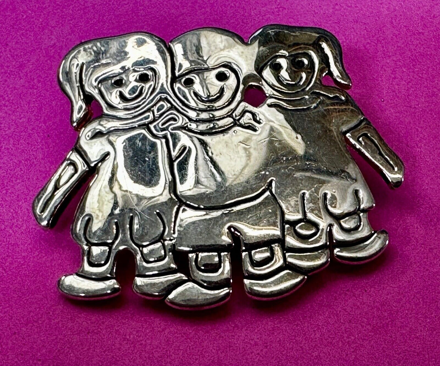 3 Children Kids Figure Cutout Silver Brooch Pin Signed by MJ