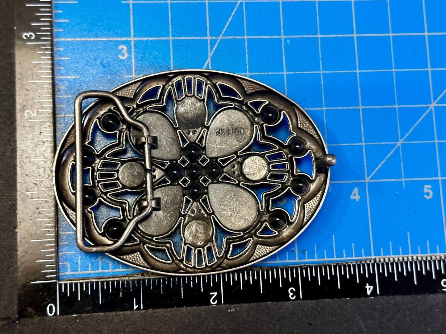Beautiful Floral Design Silver Tone Metal W/ Rhinestones See Through Belt Buckle