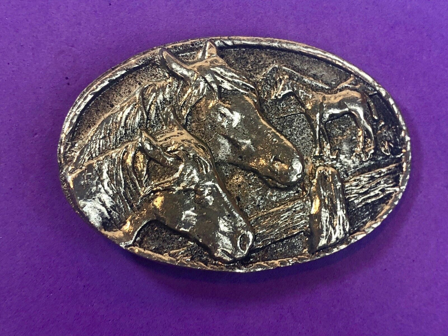 Three Horses on the farm Belt Buckle - wood fence, pony western