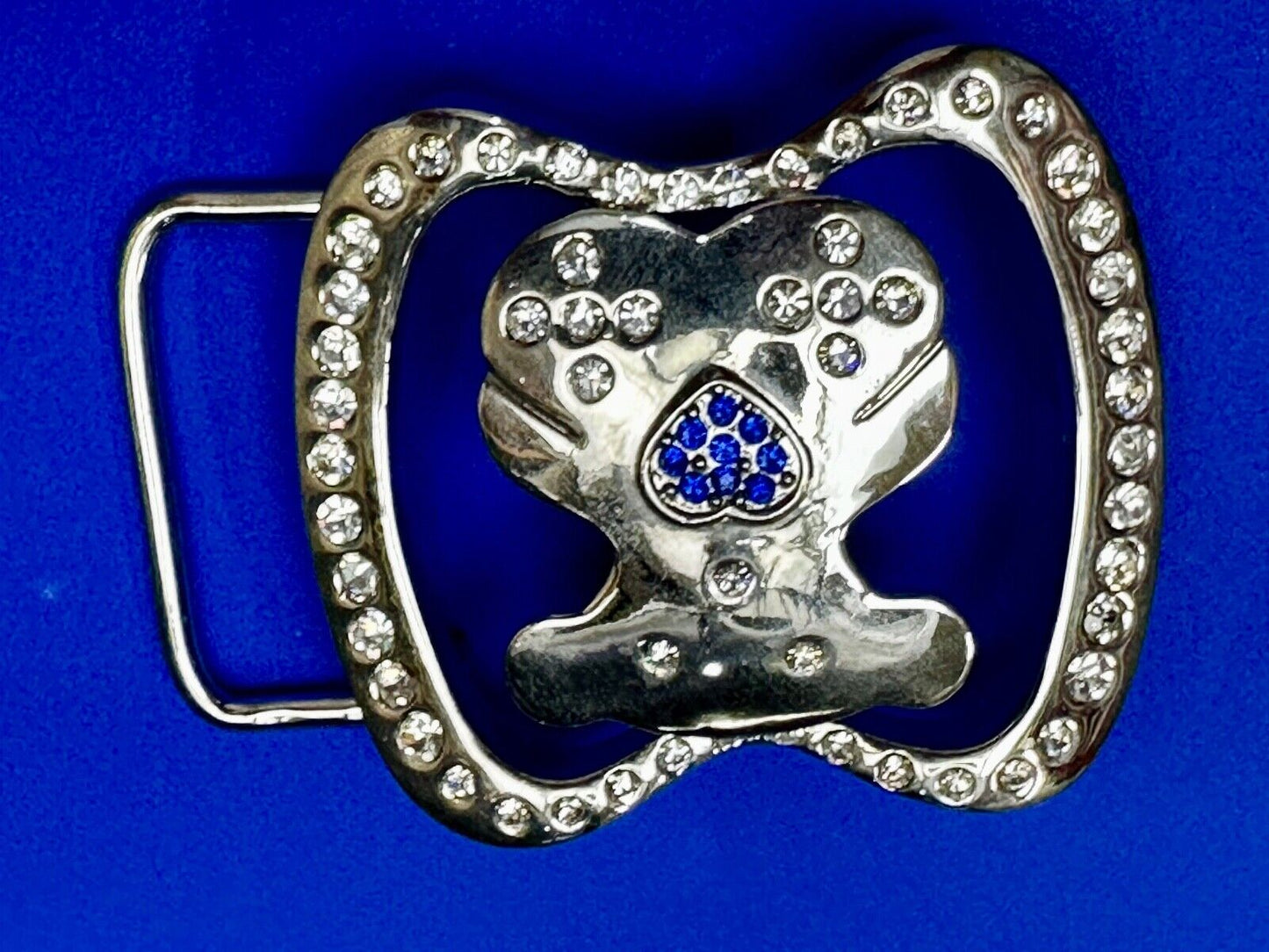 Teddy Bear W/ Heart Clear & Blue Rhinestone Accented Belt Buckle