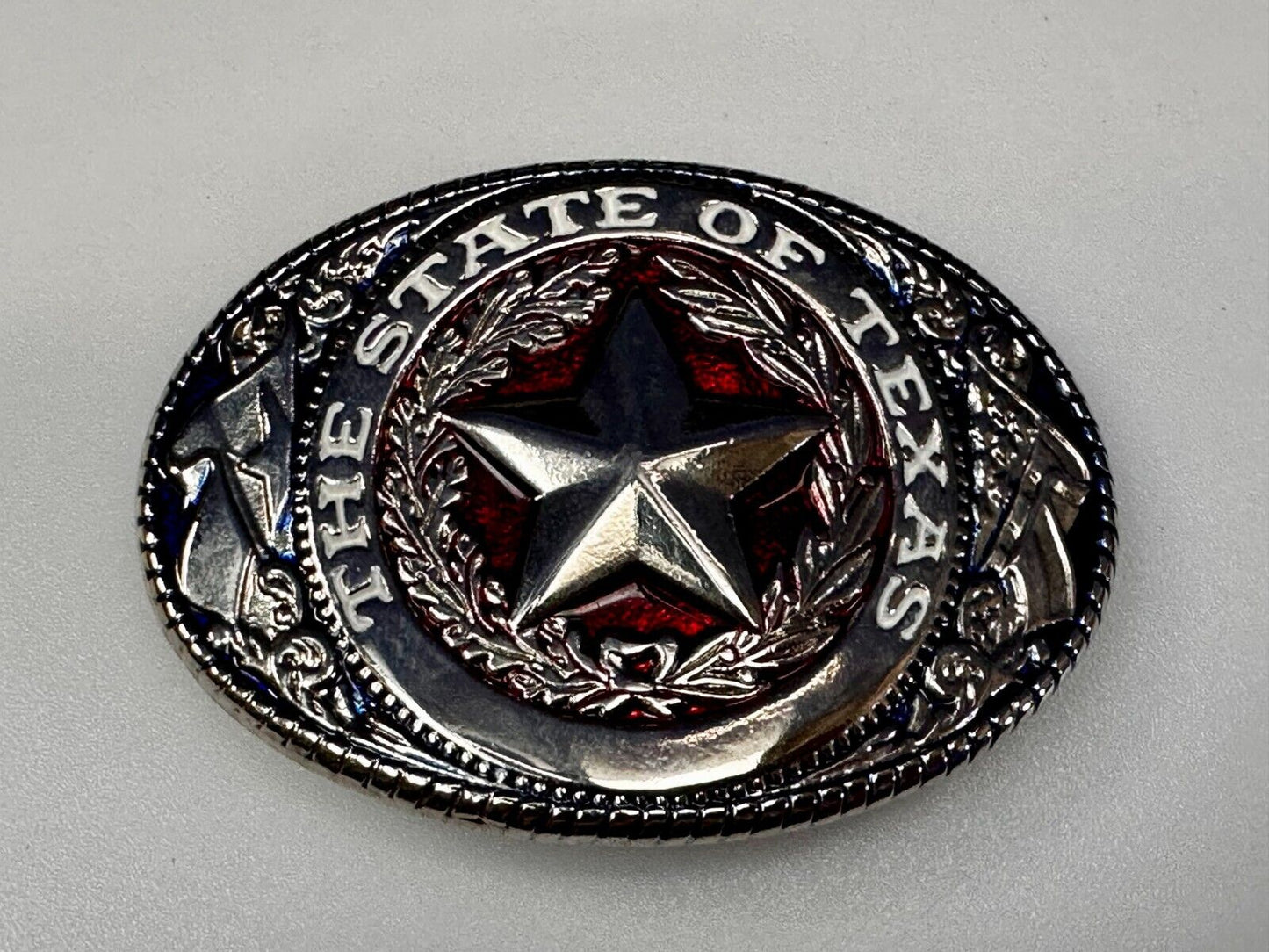 The Great State of Texas - Flag & Star Vtg. Red Blue & Black Color Belt Buckle