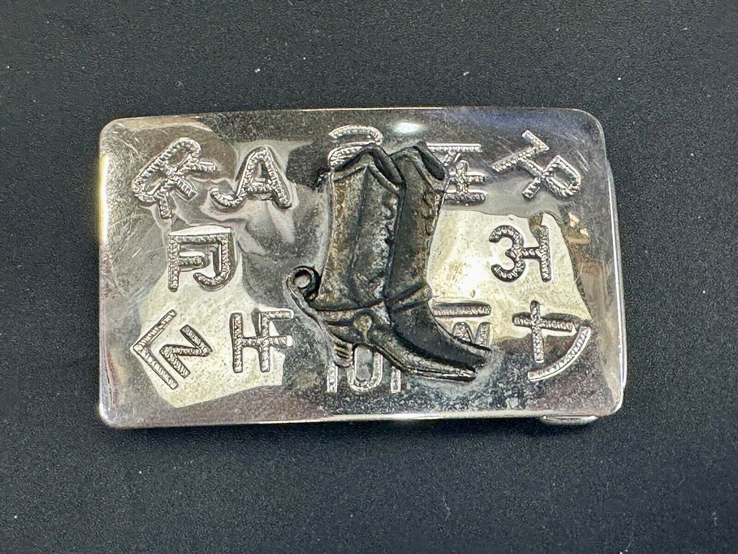 Vintage Chambers Western Cowboy Boots and cattle branding symbols belt buckle