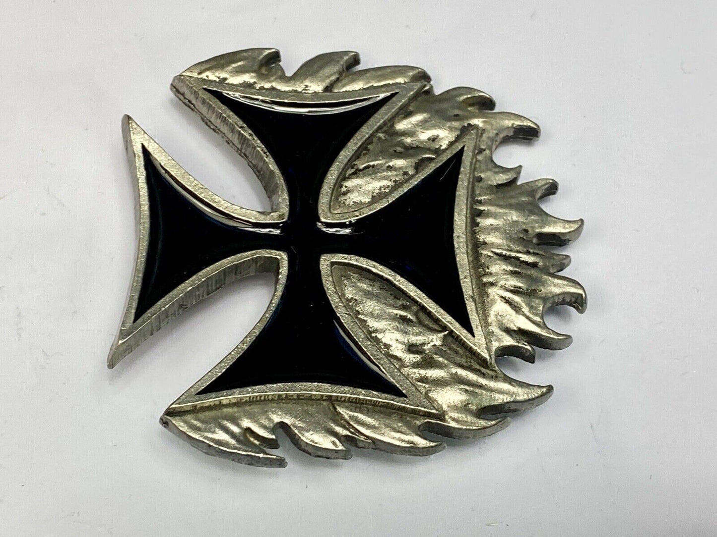 Black Enamel Maltese Cross w/ flames - NOS Monster belt buckle 2000 Mobtown USA