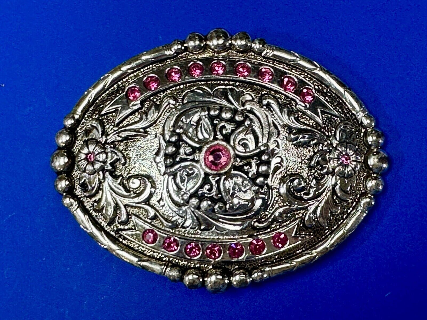 Authentic Silver plated pewter belt buckle with cowgirls girly pink rhinestones!