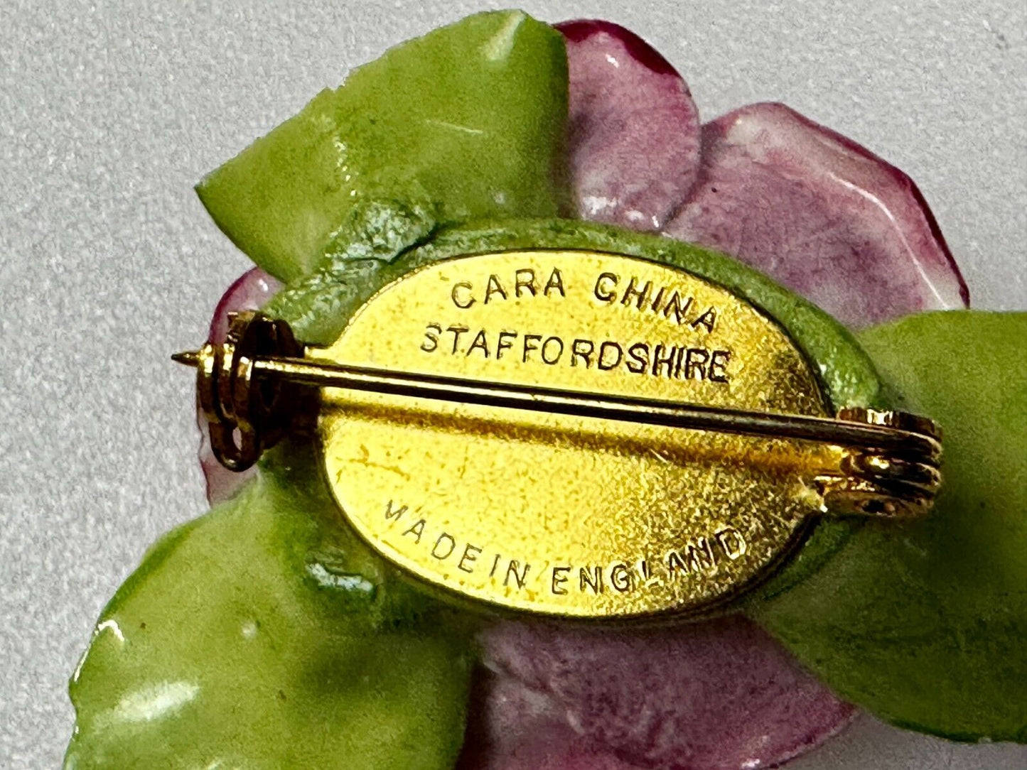 Beautiful Porcelain Red Roses with Green Leaf Brooch Pin Signed by Cara China