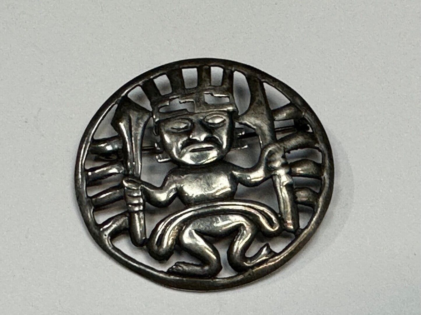 Tribal Chief Man Figure Aztec? unknown to me! Sterling Brooch Pin
