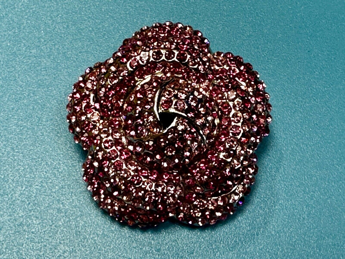 Beautiful Flower Blossom Red Rhinestone Covered Silver Tone Brooch Pin by Y&J