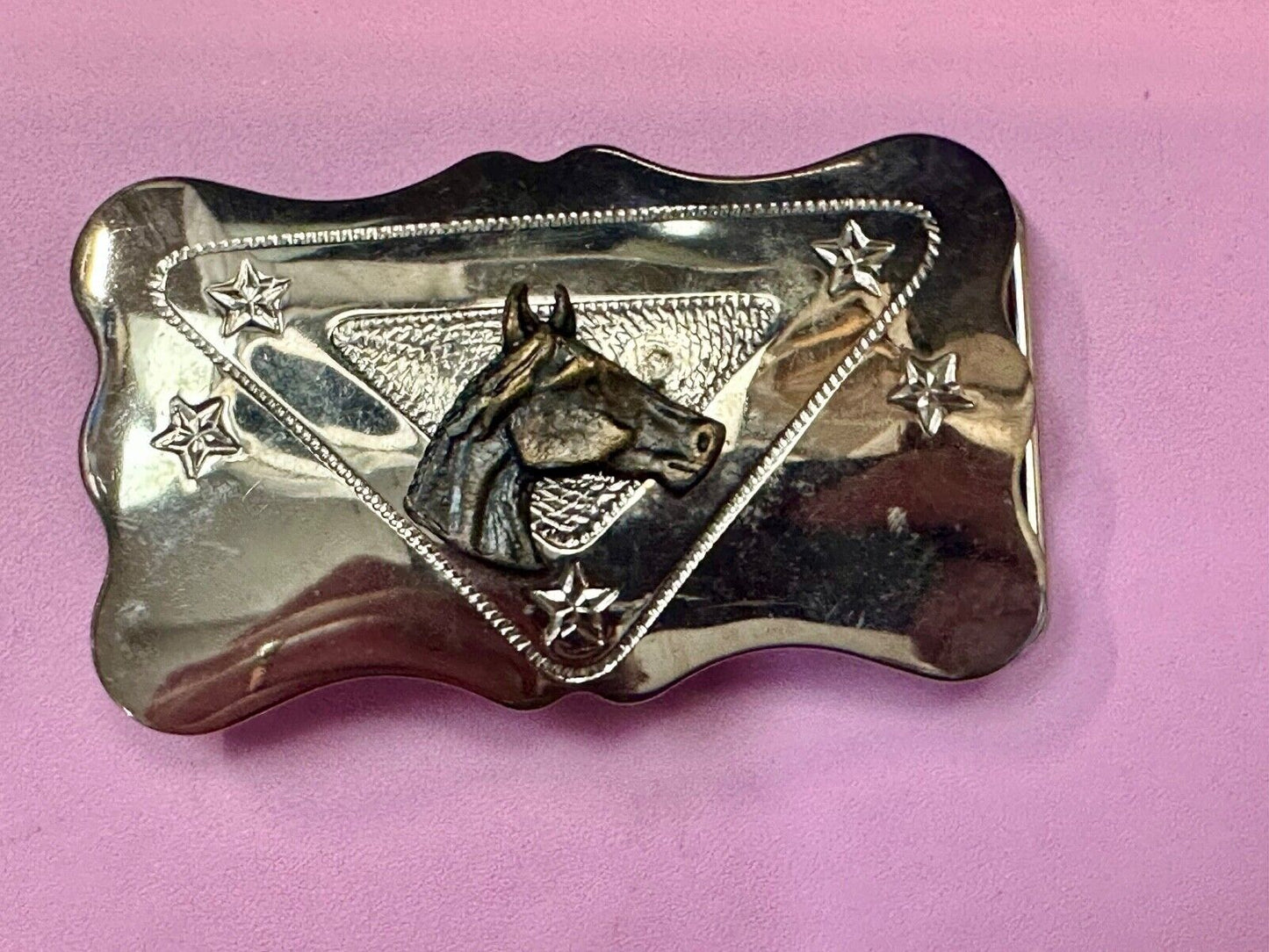 Vintage Chambers Horse head on reflective engraved USA made western Belt Buckle