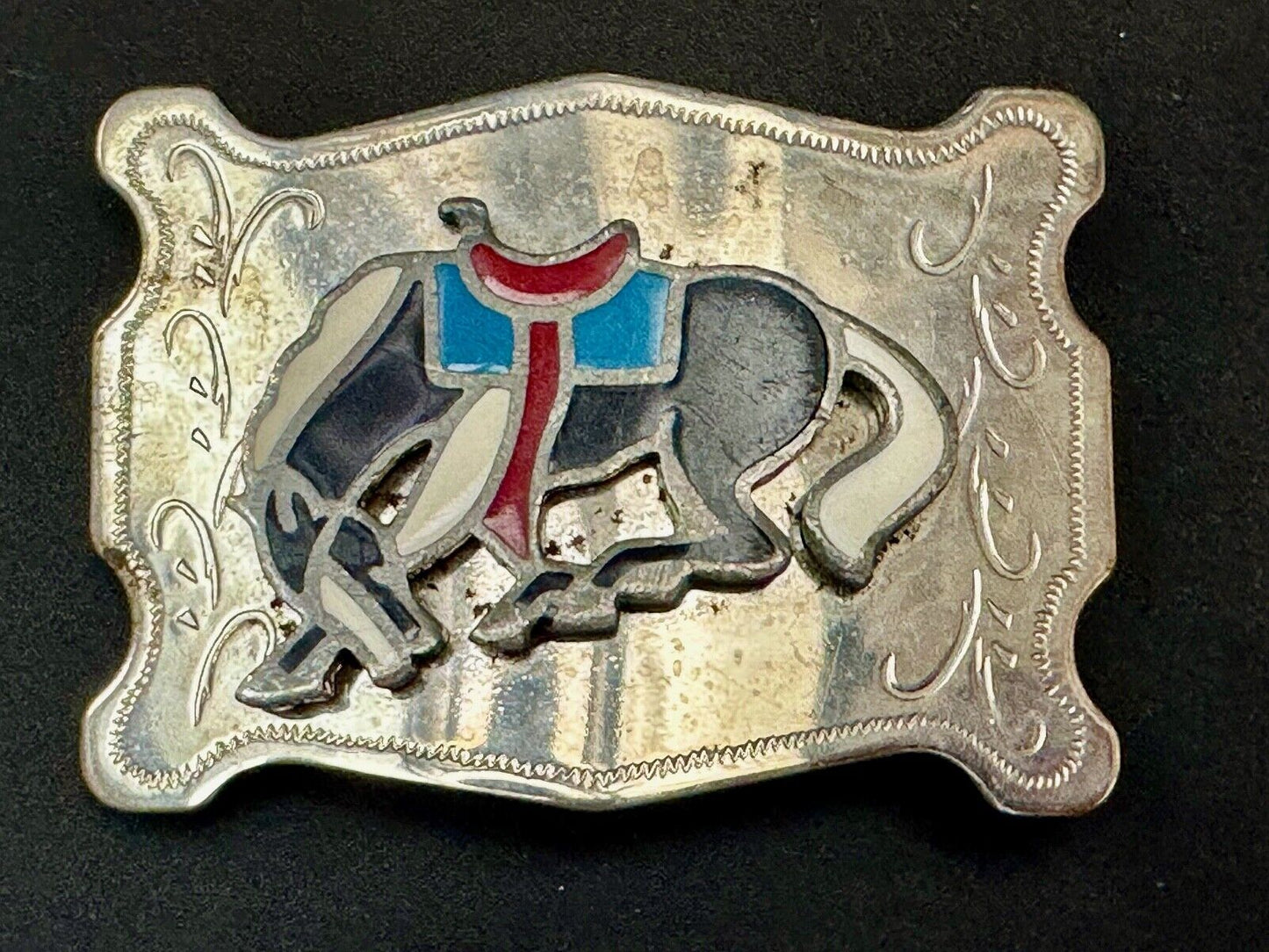 Vintage Cowboy's Horse Saddle Bronc western Inlaid enamel belt buckle
