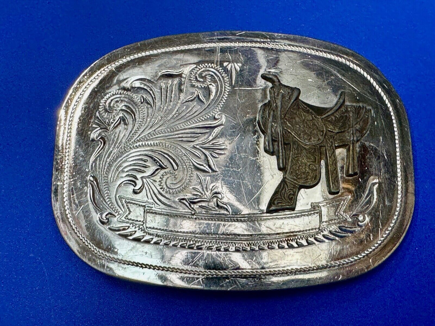 Vintage Cowboy Horse Saddle western belt buckle - blank award ribbon