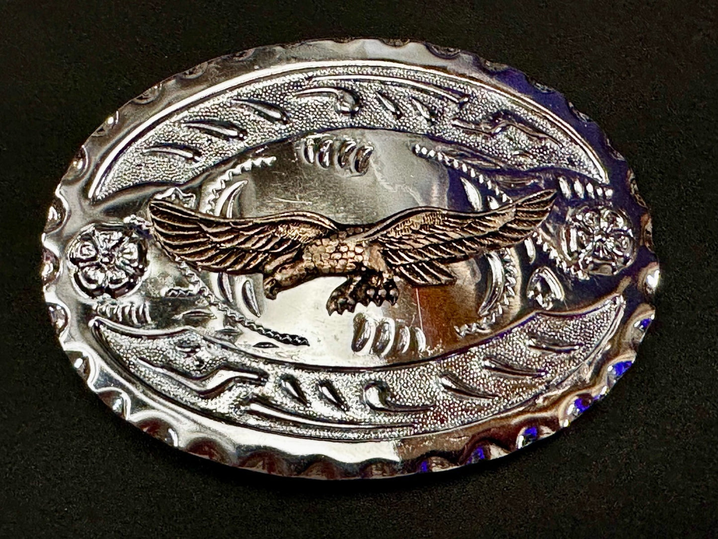 Bald Eagle Flying Hunting Diving American Two Tone Ornate Western Belt Buckle