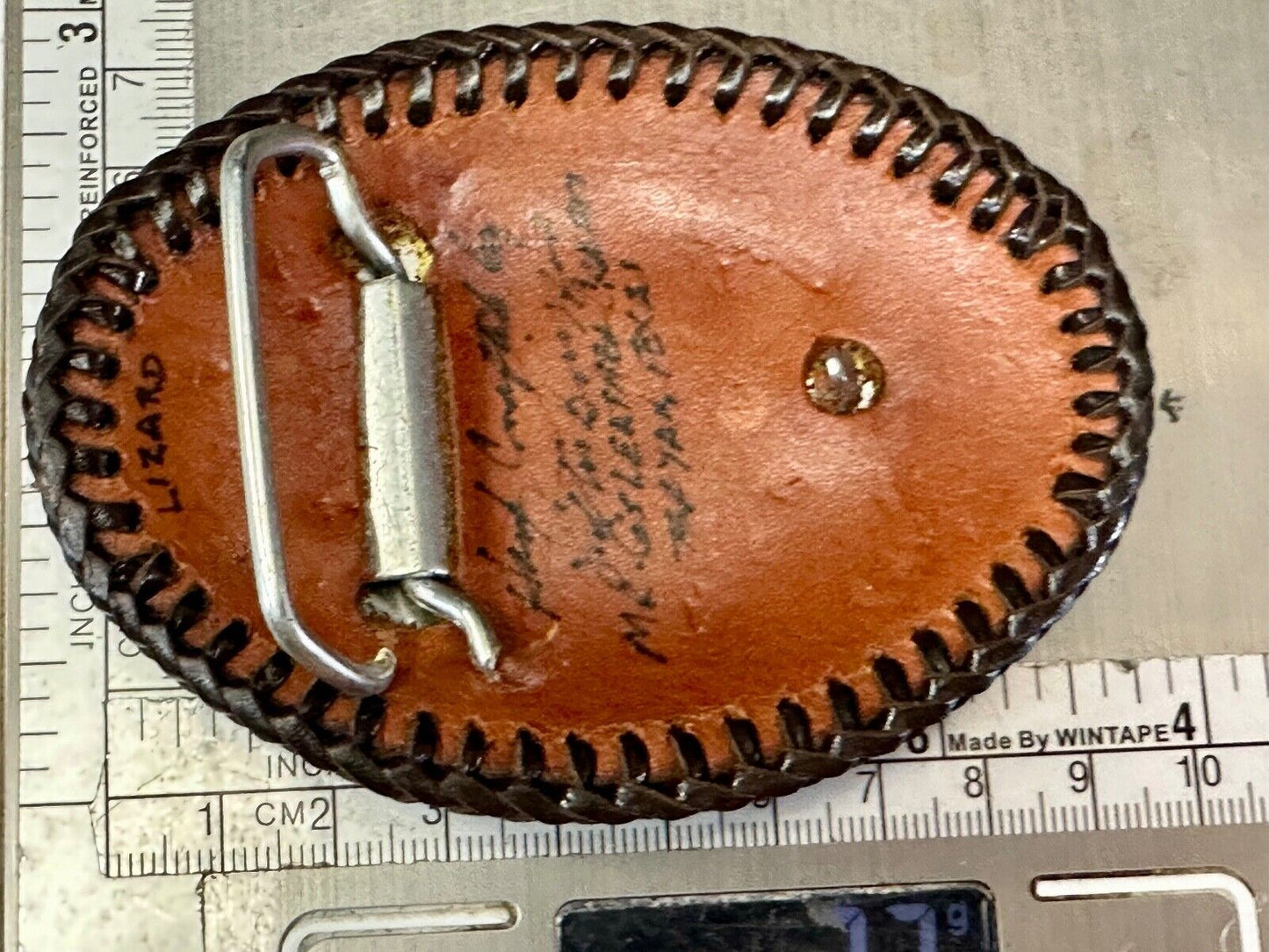 Beautiful lizard Skin brown leather vintage belt buckle with black stitching