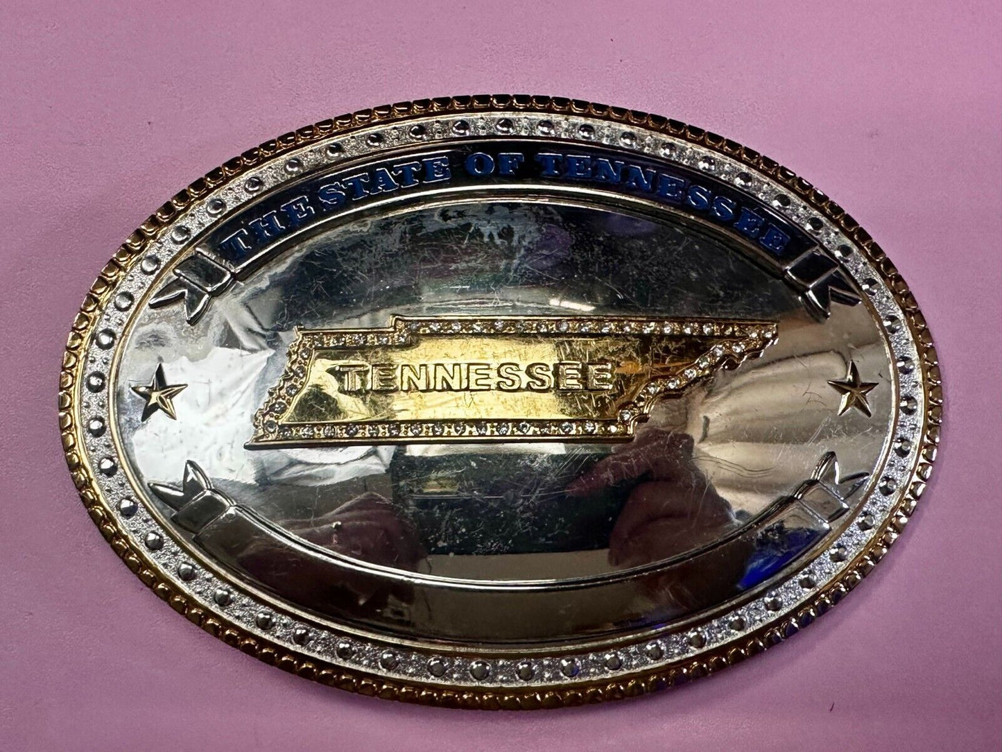 The State of Tennessee with Rhinestone Accents Two Tone Large Belt Buckle by ATI