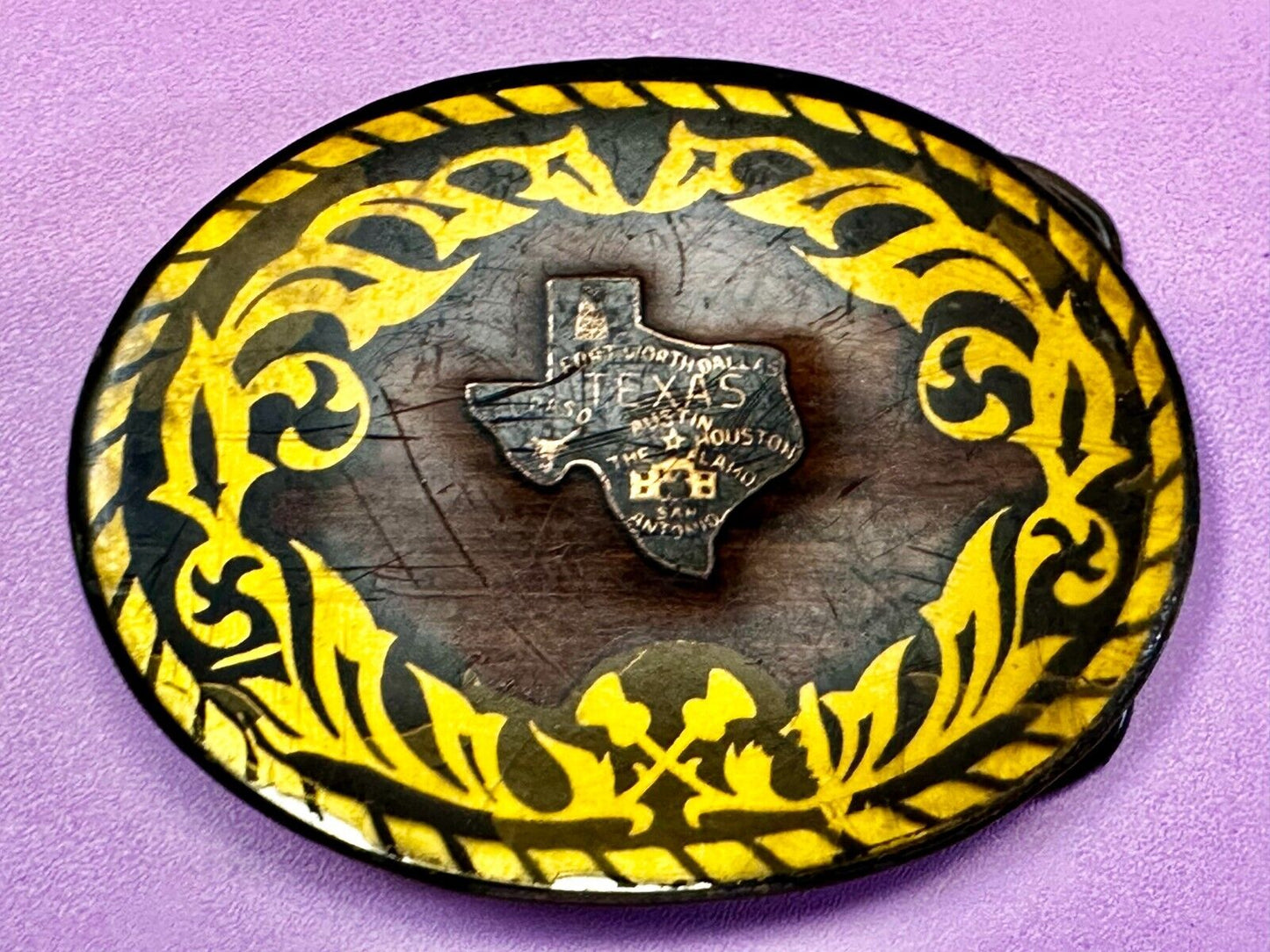 Texas Cutout State Shaped Center On Wooden Vintage Belt Buckle By Harmony Medals