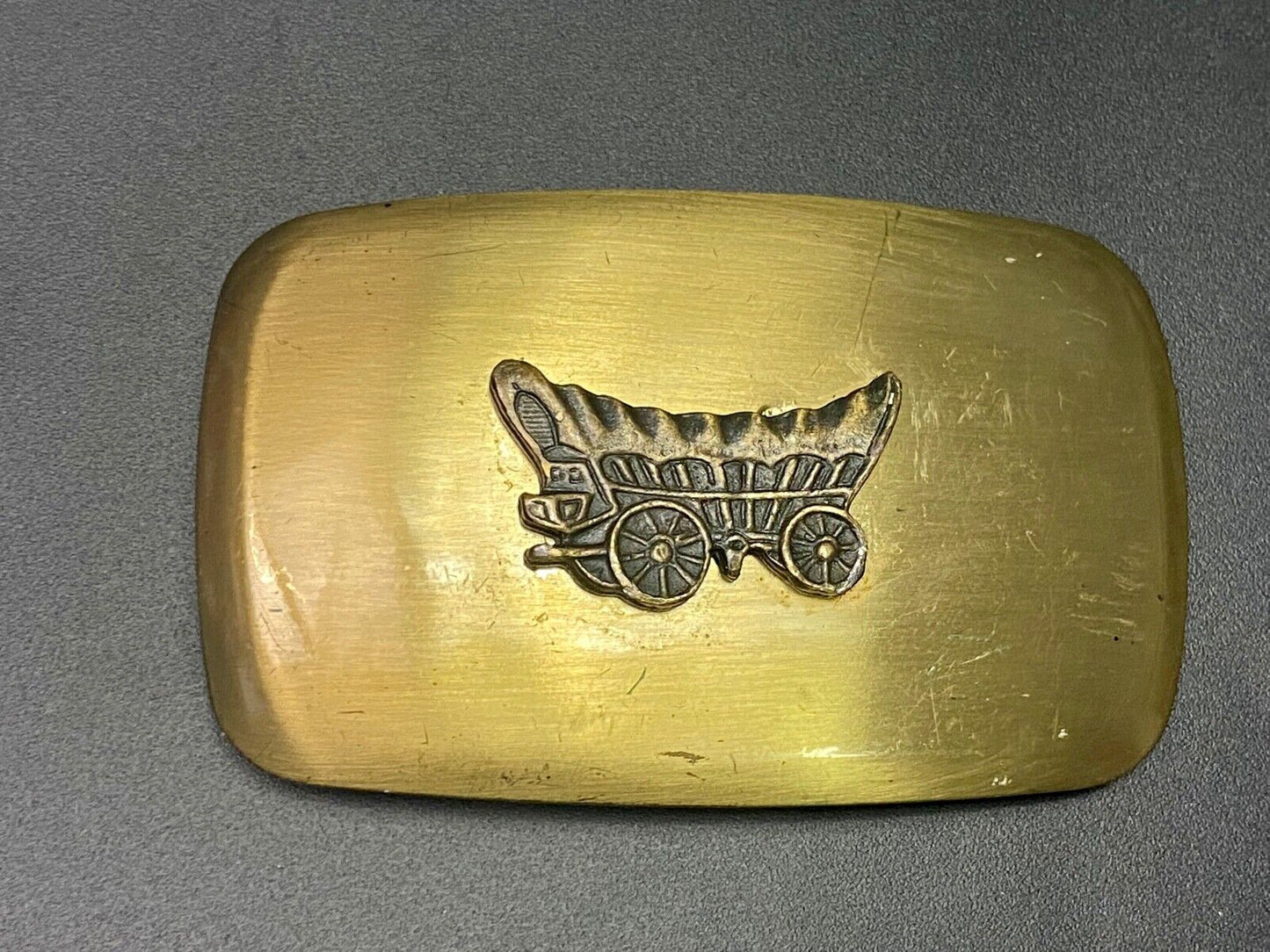 Vintage Covered Wagon Mixed Metal Western Cowboys Belt Buckle By Chambers