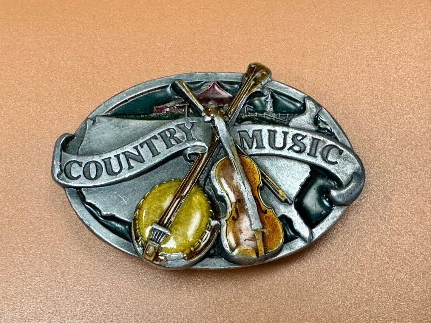 Vintage Enameled Country Music Guitar Fiddle - Bergamot Brass works Belt Buckle