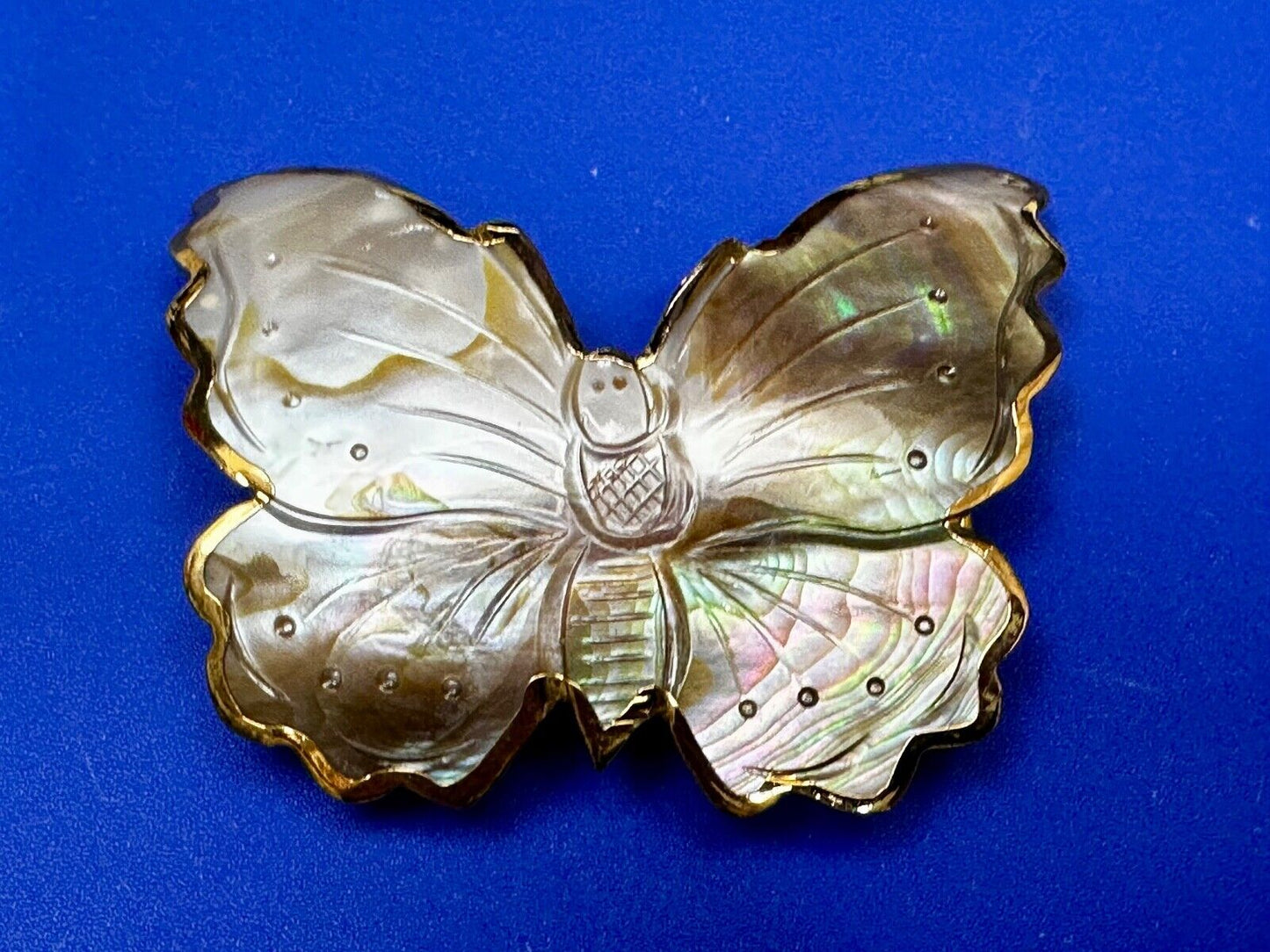 Vintage Butterfly Shaped MOP Mother of Pearl Cutout Gold tone Belt Buckle Slide
