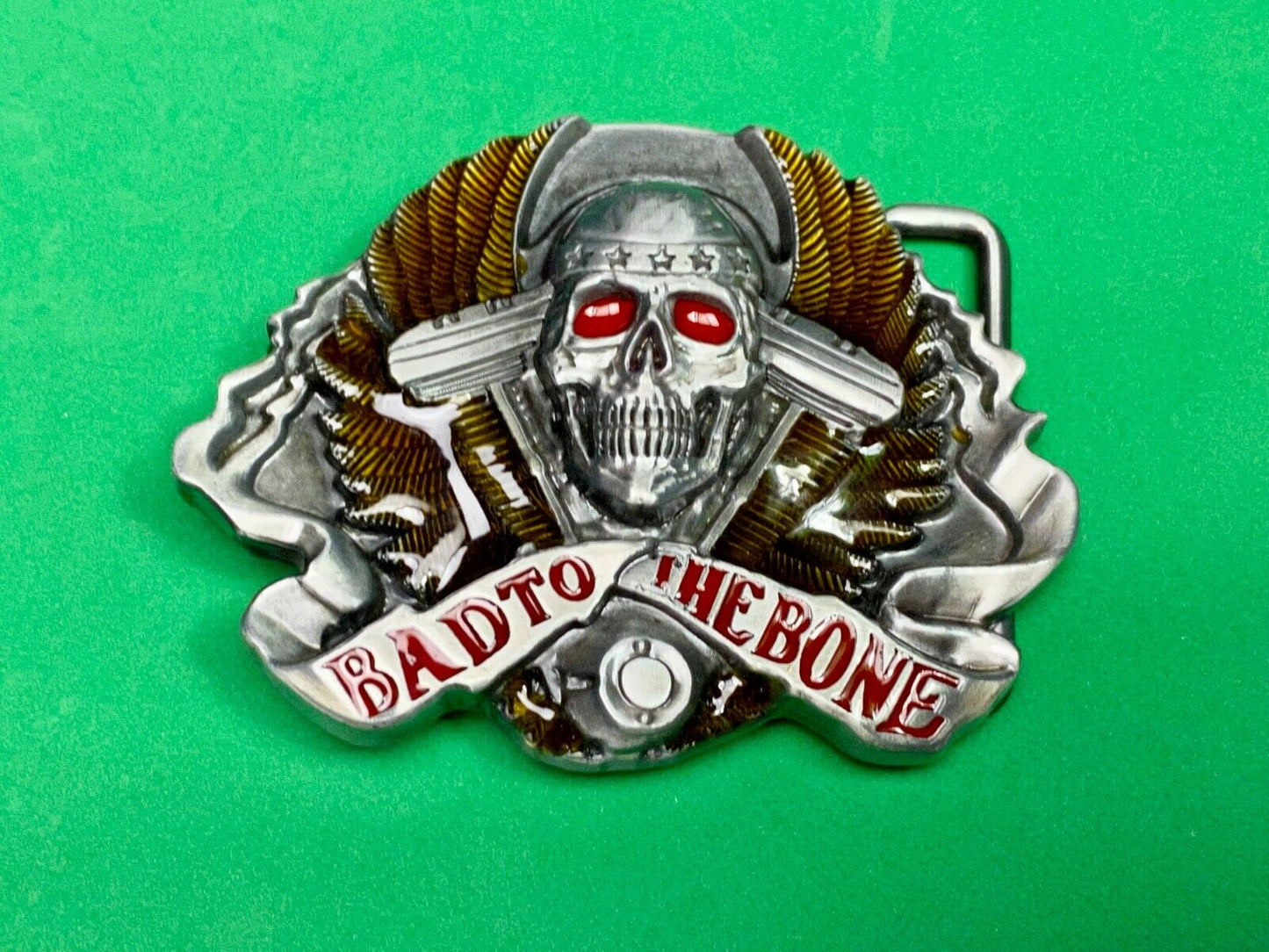 Bad to the bone - Red eyes Bikers Motorcycle Riders skull and wings belt buckle