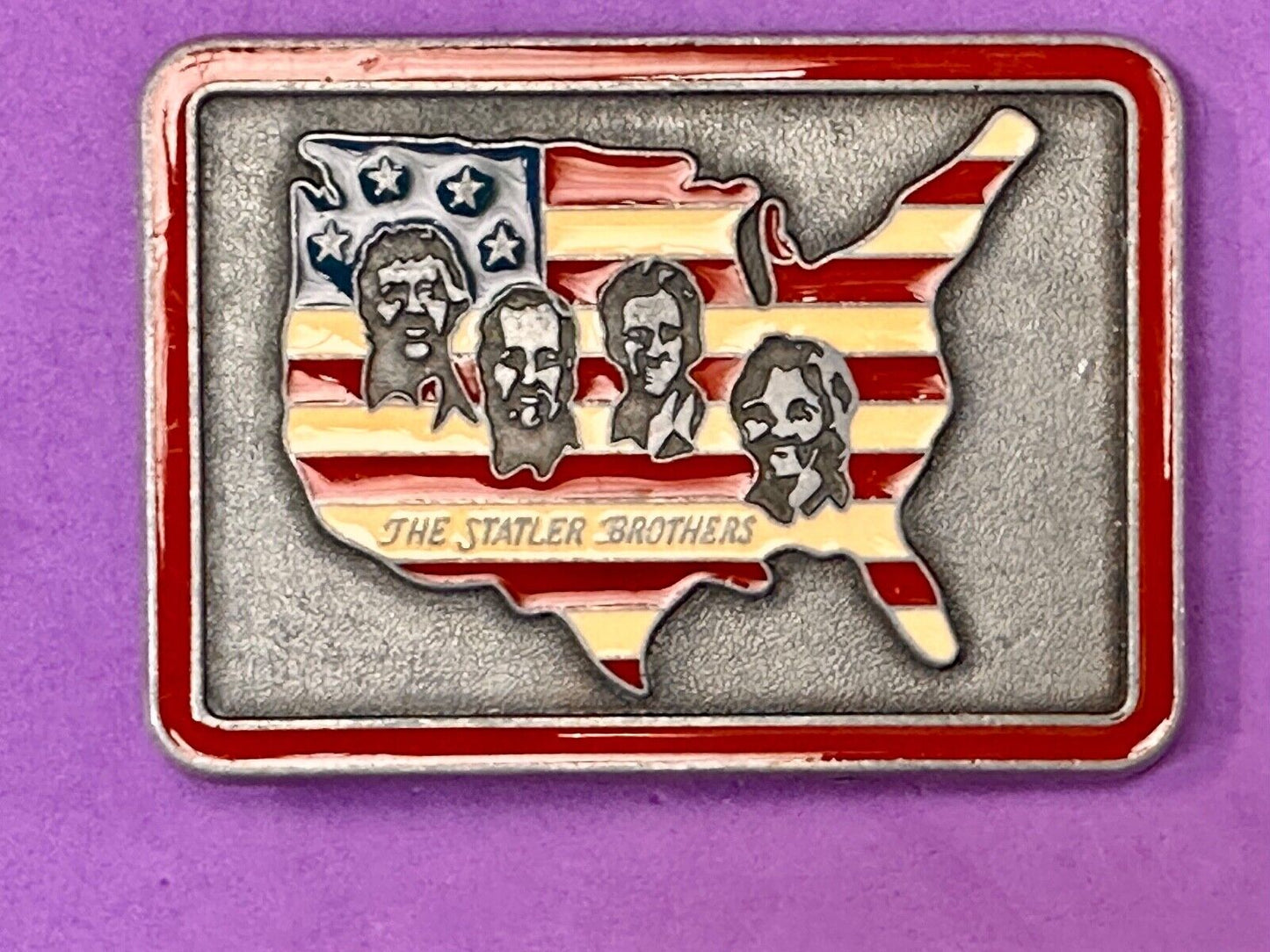 The Statler Brothers American Flag Country Shaped background band belt buckle