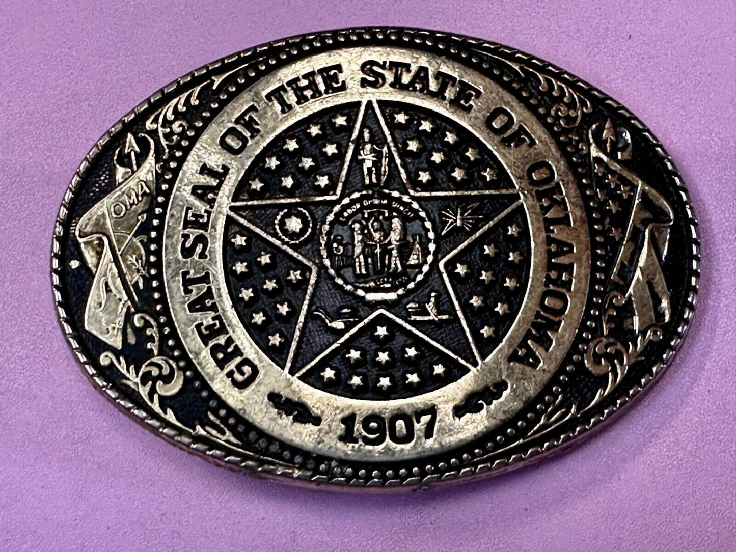 The Great Seal of Oklahoma 1907 Commemorative Vintage Belt Buckle