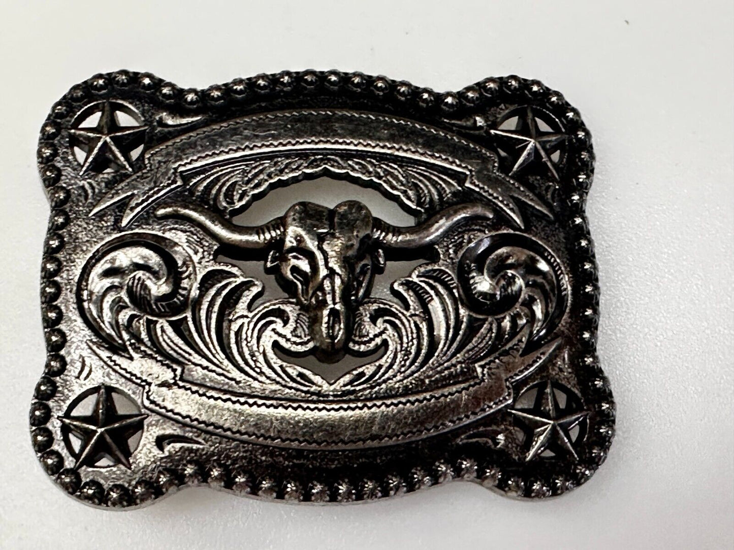 Texas Longhorn Steer / Corner Stars - Engravable Blank Award Scroll Belt Buckle