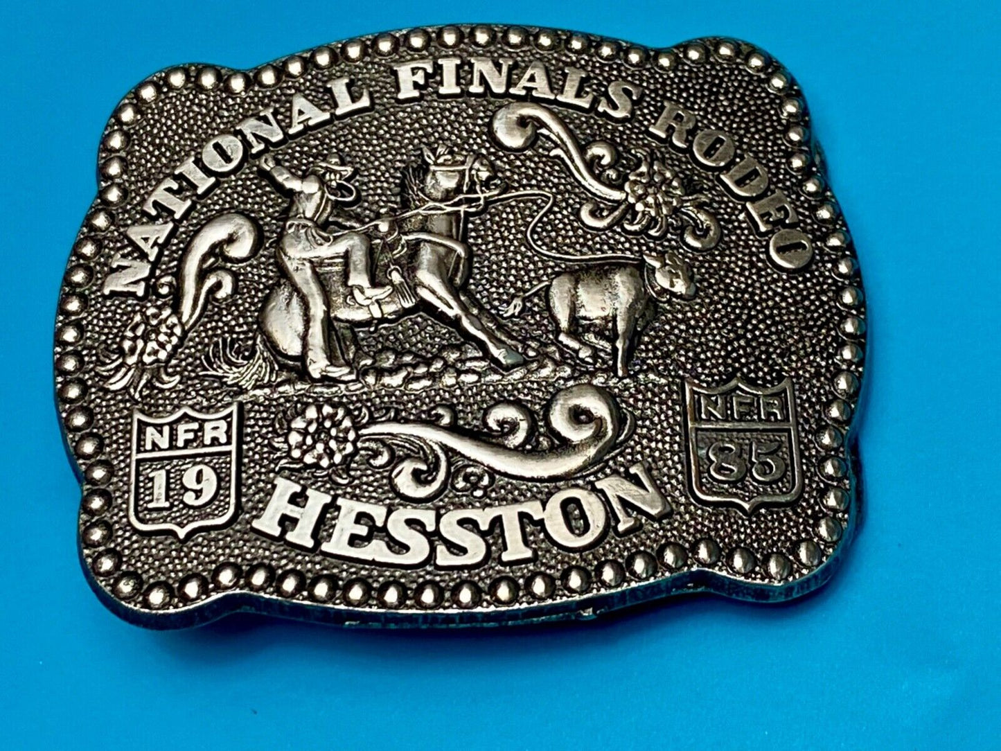 1985 Hesston YOUTH size Nation Finals Rodeo NFR Cowboy belt buckle