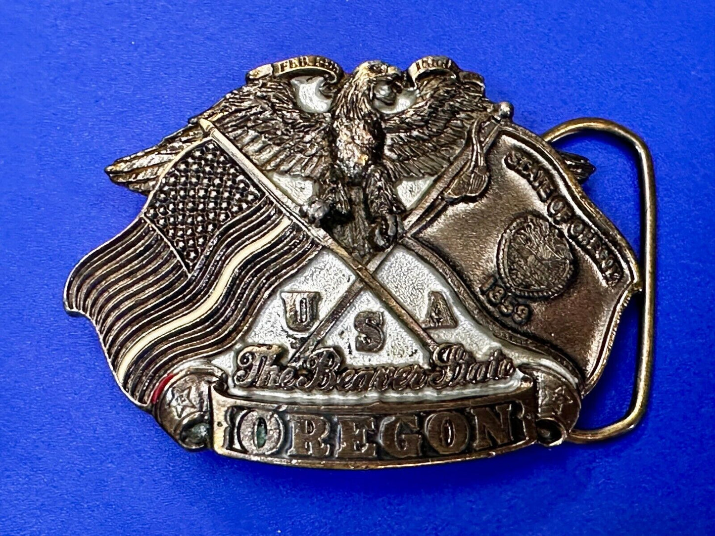 The Beaver State OREGON American Flag Eagle Seal 1987 Commemorative Belt Buckle