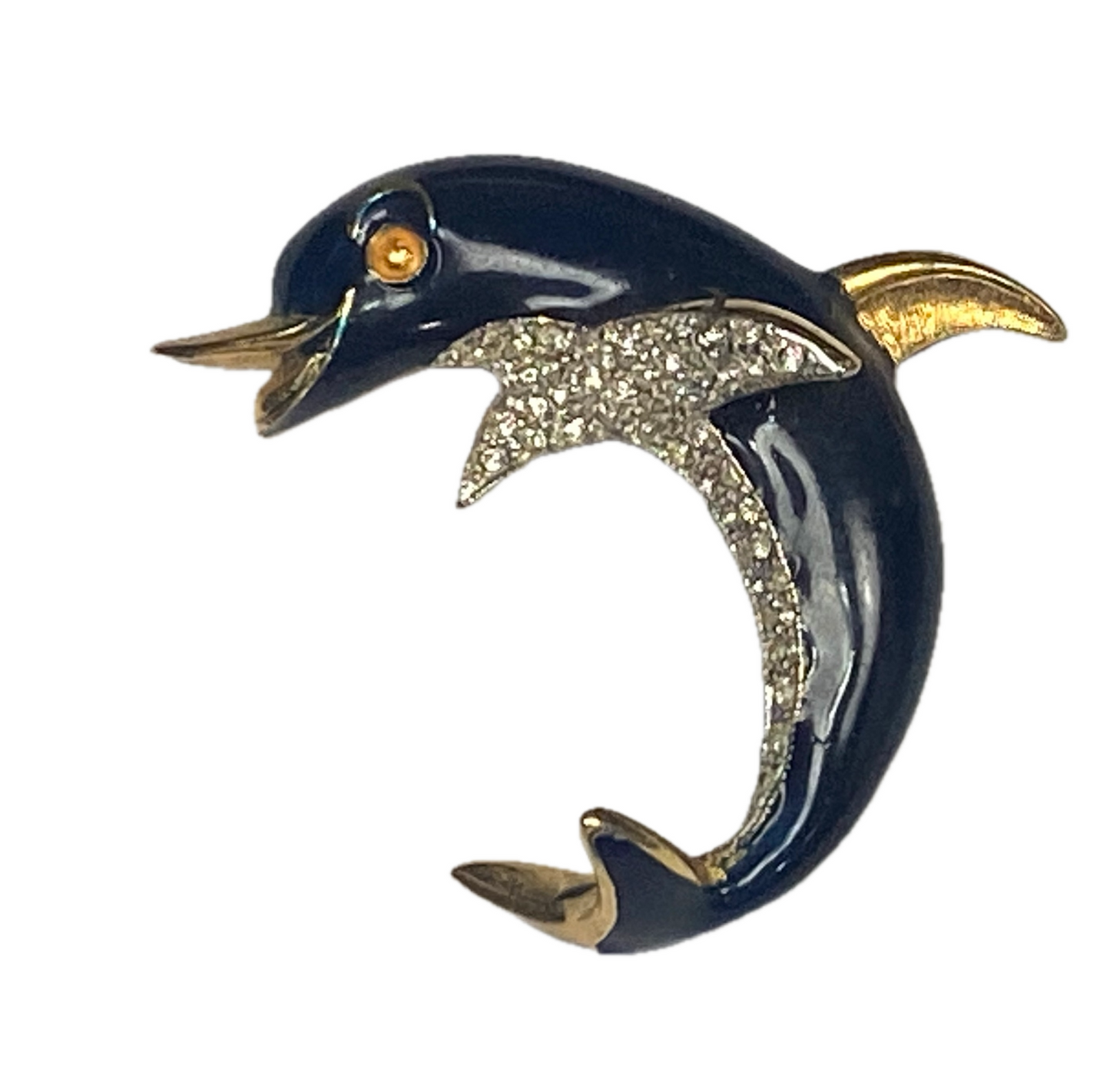 Black Curved Dolphin Enameled with Rhinestone Accents Vintage Brooch Pin