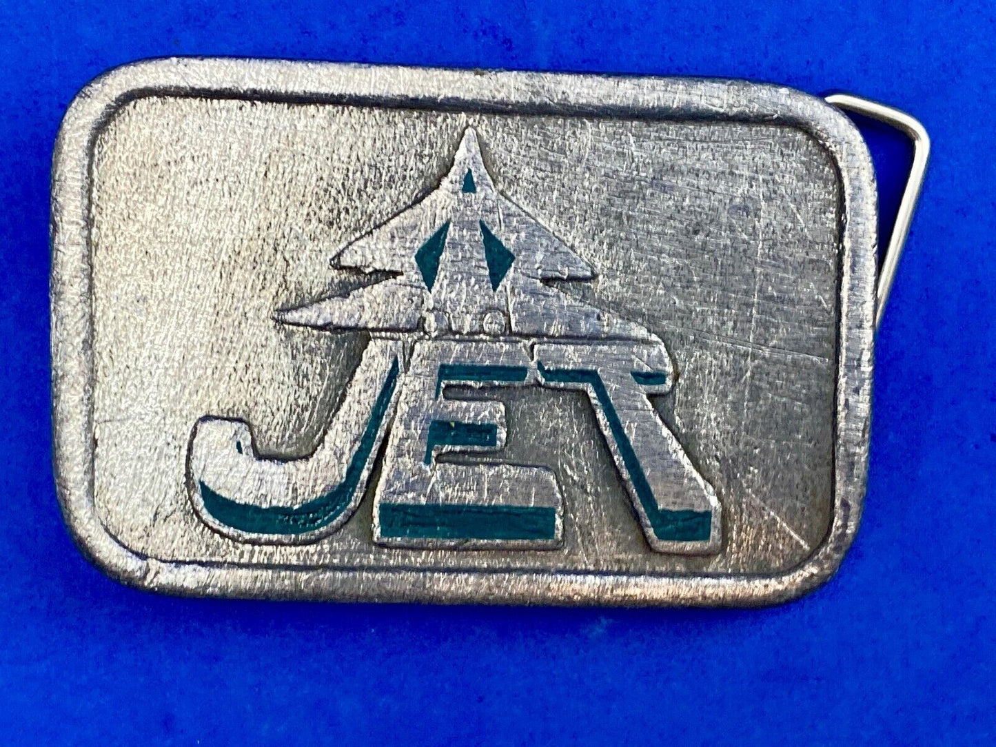 Vintage HitLine Belt Buckle USAF Air Force Jet Airplane Fighter Green Silver