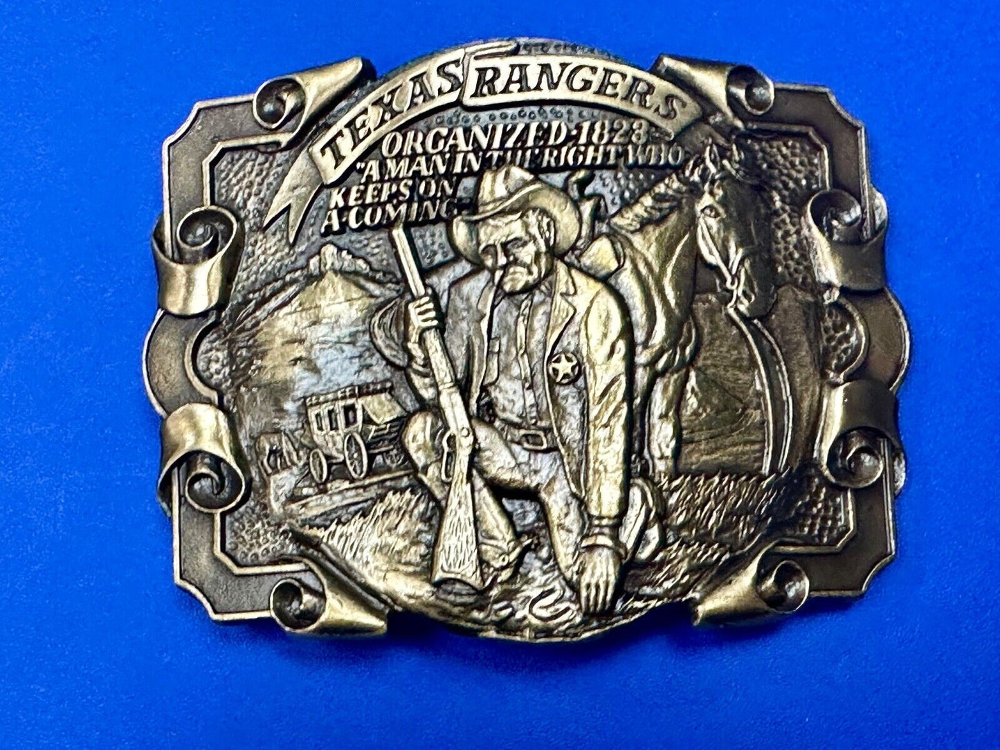 Texas Rangers Organized 1828 A man in the right who keeps on coming Belt Buckle