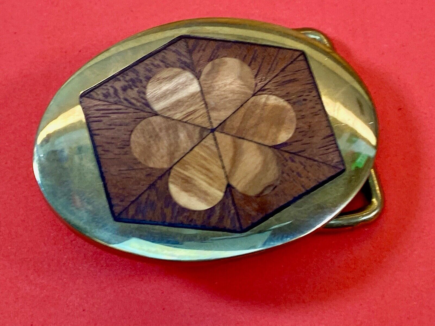 Vintage Brass With Wood Inlaid Mixed Flower Design Belt Buckle