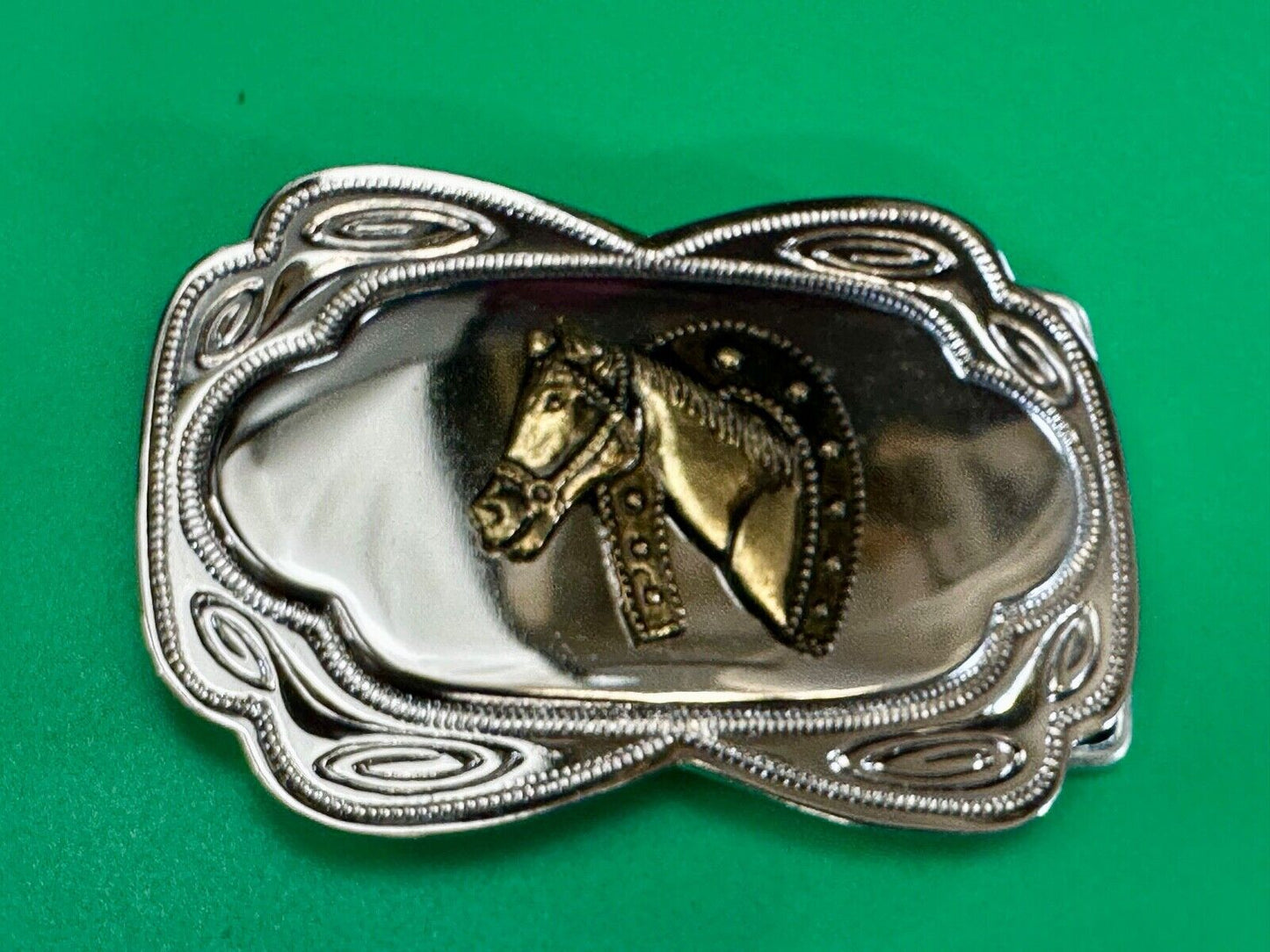 Beautiful NOS Horse head through lucky horseshoe - Two tone belt buckle