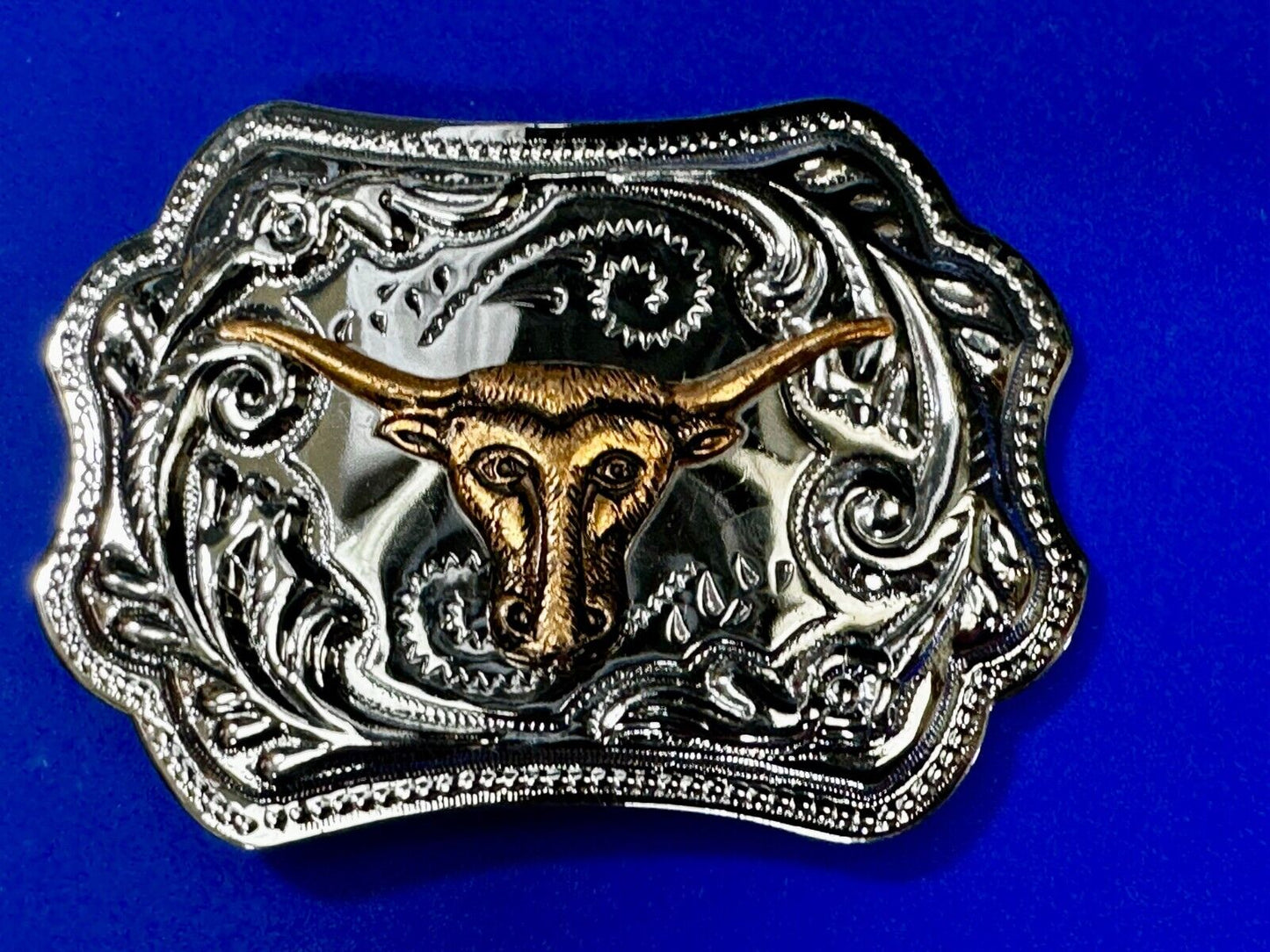 Texas Longhorn Rodeo Steer Bull Vintage Two Tone Western Cowboy's Belt Buckle
